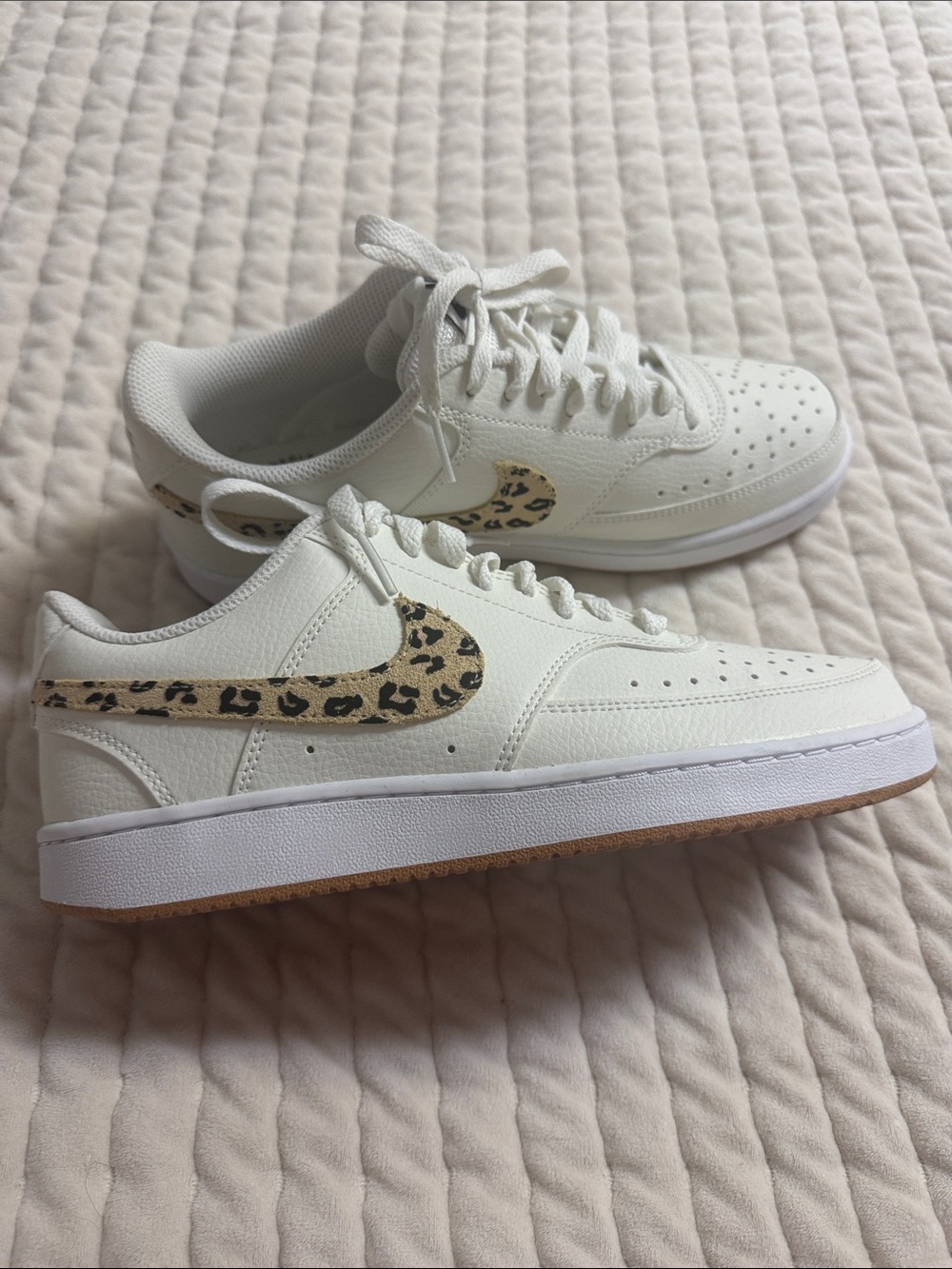 Nike White Low-Top Sneakers with Leopard Swoosh